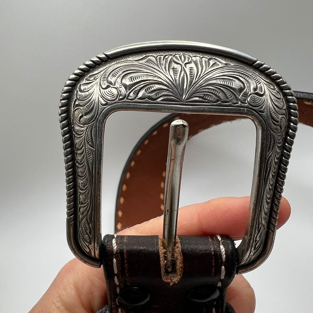 3D Men's Tooled Leather Western Belt Sz 32 – Floral Beaded Silver Buckle Rodeo - Picture 3 of 7